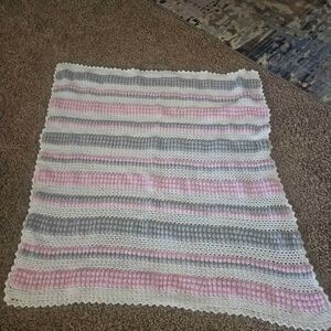 Handmade Crochet Pink Striped Baby Blanket 36" x 36"